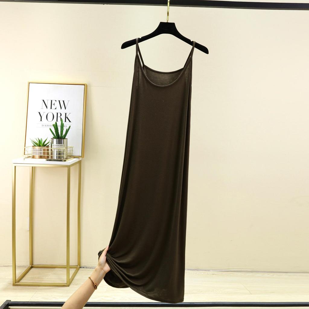 Modal Spaghetti Strap Dress Summer Sexy Sleeveless Tank Dress Solid Color Casual Camisole Dresses Long Soft Sleepdress Basic Slipdress