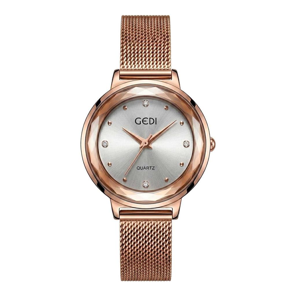 Gedi Elegant Mesh Strap Women's Quartz Watch with Faceted Diamond Markers, Waterproof and Versatile for Everyday Wear.