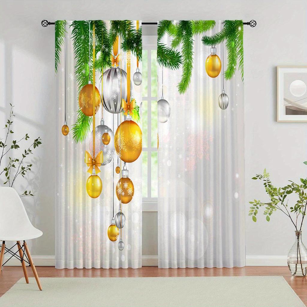 Glam Christmas Curtains Semi-Sheer Polyester Rod Pocket Drapes with Festive Holiday Print for Living Room Bedroom Window Decor