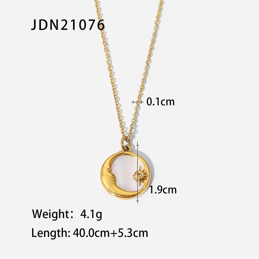 18K Gold Titanium Steel Women's Necklace with French White Mother-of-Pearl Star, Moon, and Round Pendant.