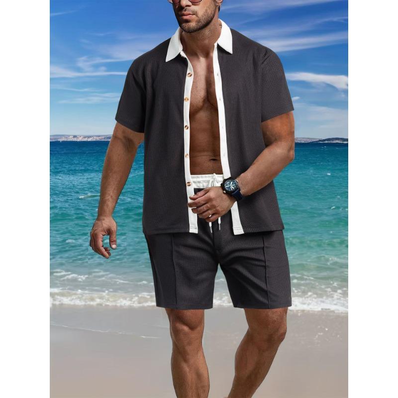 Mens Casual Color Block Breathable Thin Beach Shirt Shorts Set