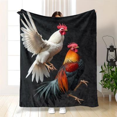 Rooster & Hen Flannel Blanket - Contemporary Farm Theme Home Throw