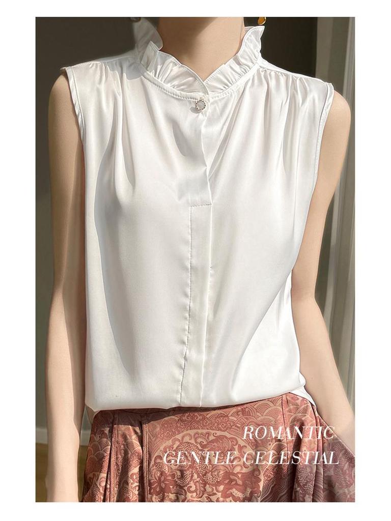 Wood Ear Lace Collar Silky Satin Sleeveless Slimming Vest for Women - Spring/Summer Temperament Shirt