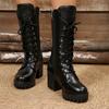 British Style Block Heel Short Boots Women's Spring and Autumn Round Toe Lace-Up Front High Heel Mid-Tube Single Boots