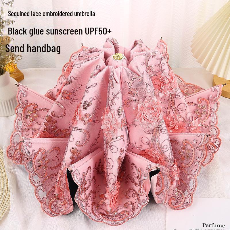 Retro Spetsbroderi UV-Blockerande Svart Paraply - Dubbelanvändbart Solskydd för Kvinnor