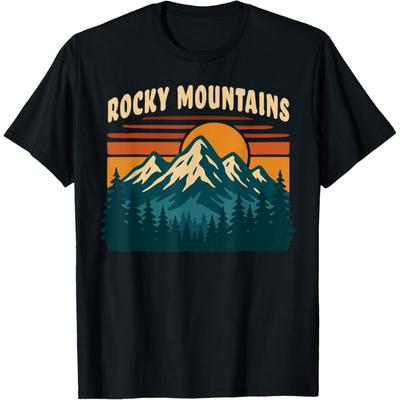 Camiseta Retrô Vintage Montanhas Rochosas Pôr do Sol Floresta de Montanha