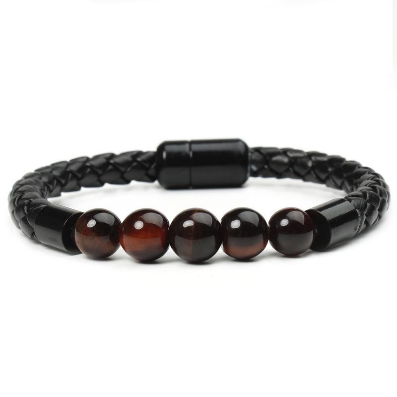 New European & American Men's Stone Beaded Leather Bracelet with Magnetic Buckle