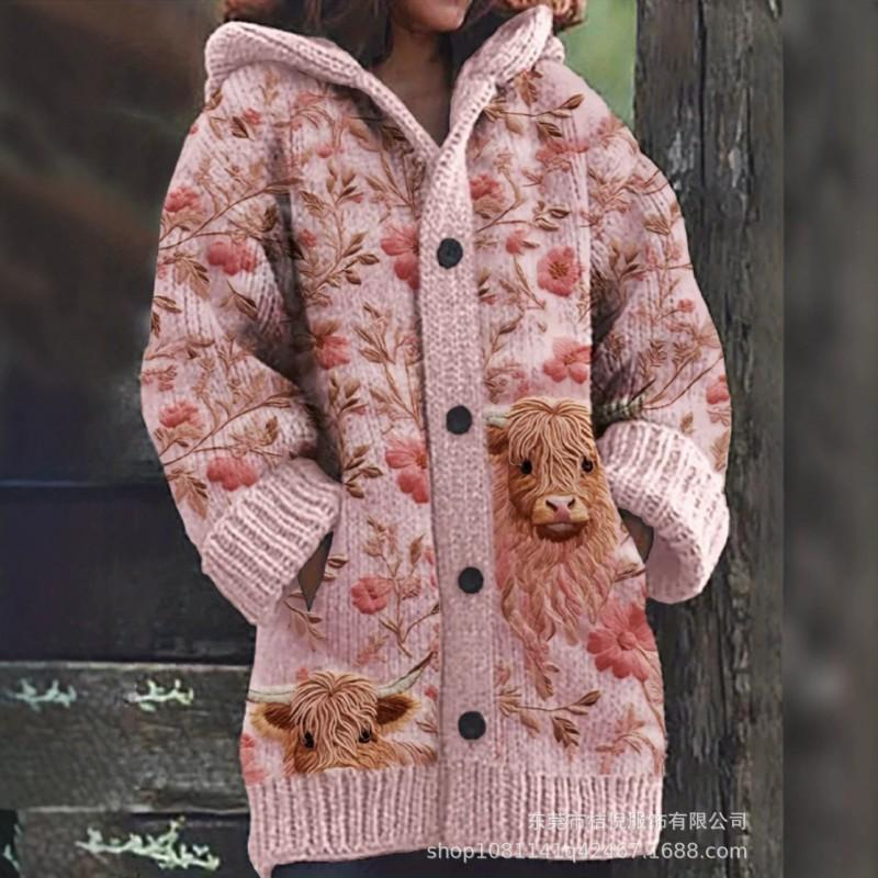 Womens Oversized Hooded Knit Cardigan With 3D Print Button Front Long Sleeve Casual Sweater