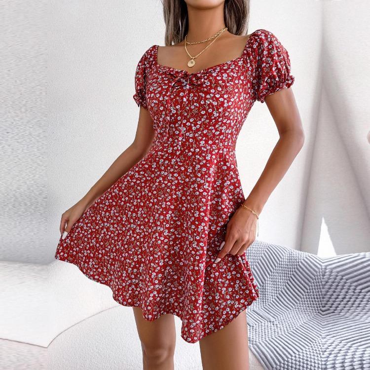 Floral Swing Dress for Women Summer Spring Casual Sizes S Flared Sleeve Drawstring Lace Up XXL