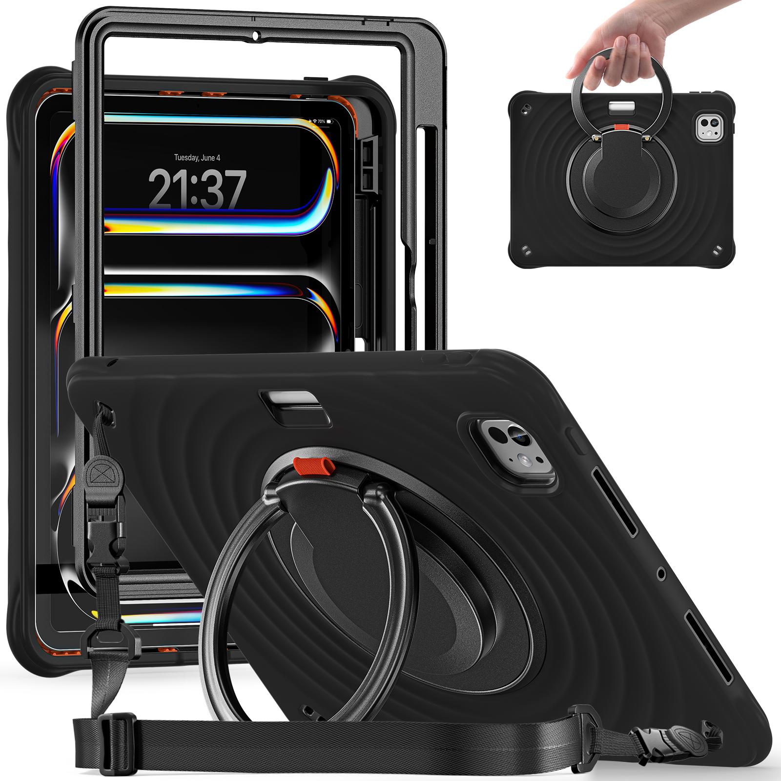 

For iPad Pro 11 (2024) Case with Shoulder Strap Kickstand PC+Silicone+TPU Tablet Cover Black