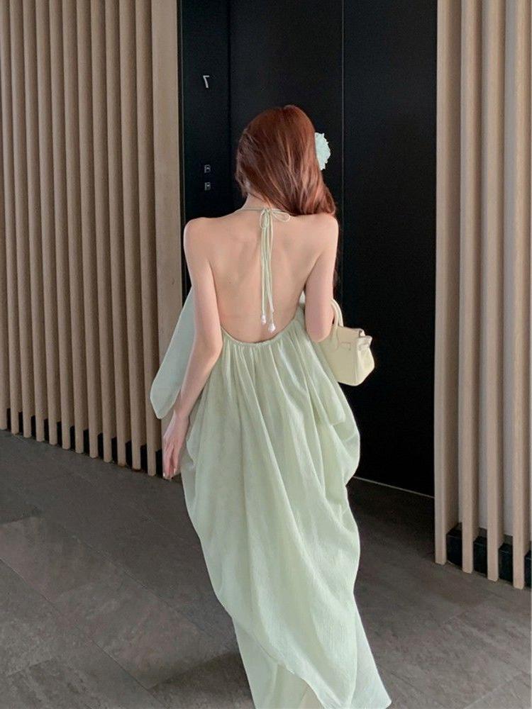 French Halterneck Backless Camisole: Fairy Summer Beach Dress Large