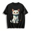 Cute White Cat Print Casual T-Shirt Unisex Loose Comfort Top Pure Cotton T-shirt
