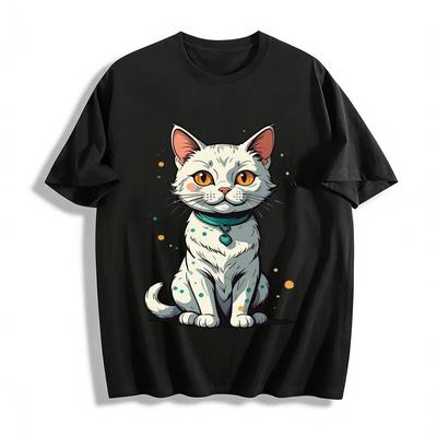 Cute White Cat Print Casual T-Shirt Unisex Loose Comfort Top Pure Cotton T-shirt