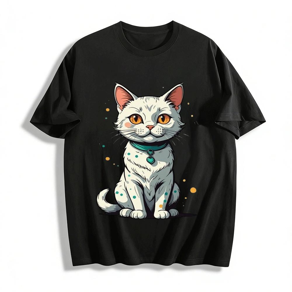 Cute White Cat Print Casual T-Shirt Unisex Loose Comfort Top Pure cotton T-shirt XXS