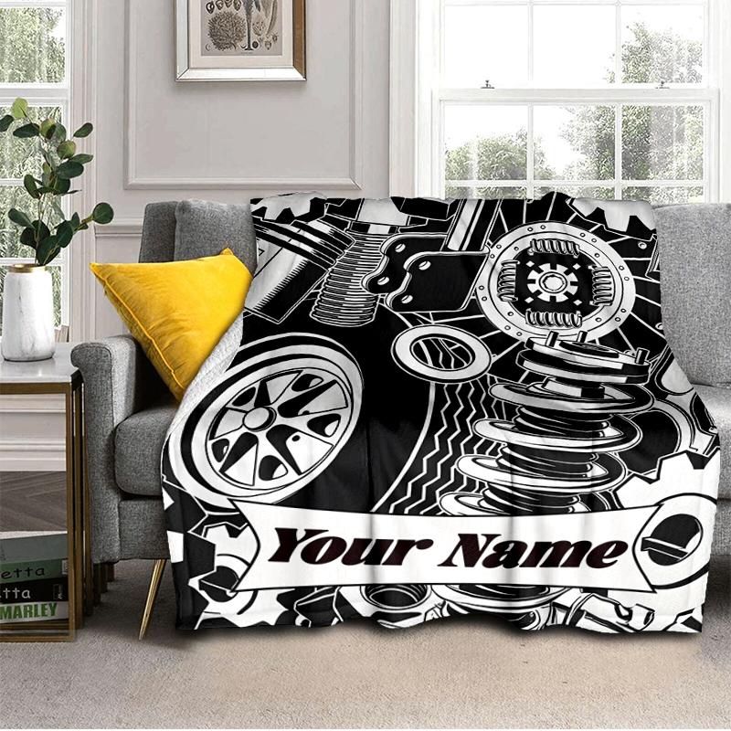 1PC Custom Name Automotive Parts Illustration Outdooor Flannel Blankets Throw Blanket All-Season Throw Gift Bedspread for Couch, Bed, Camping Holiday