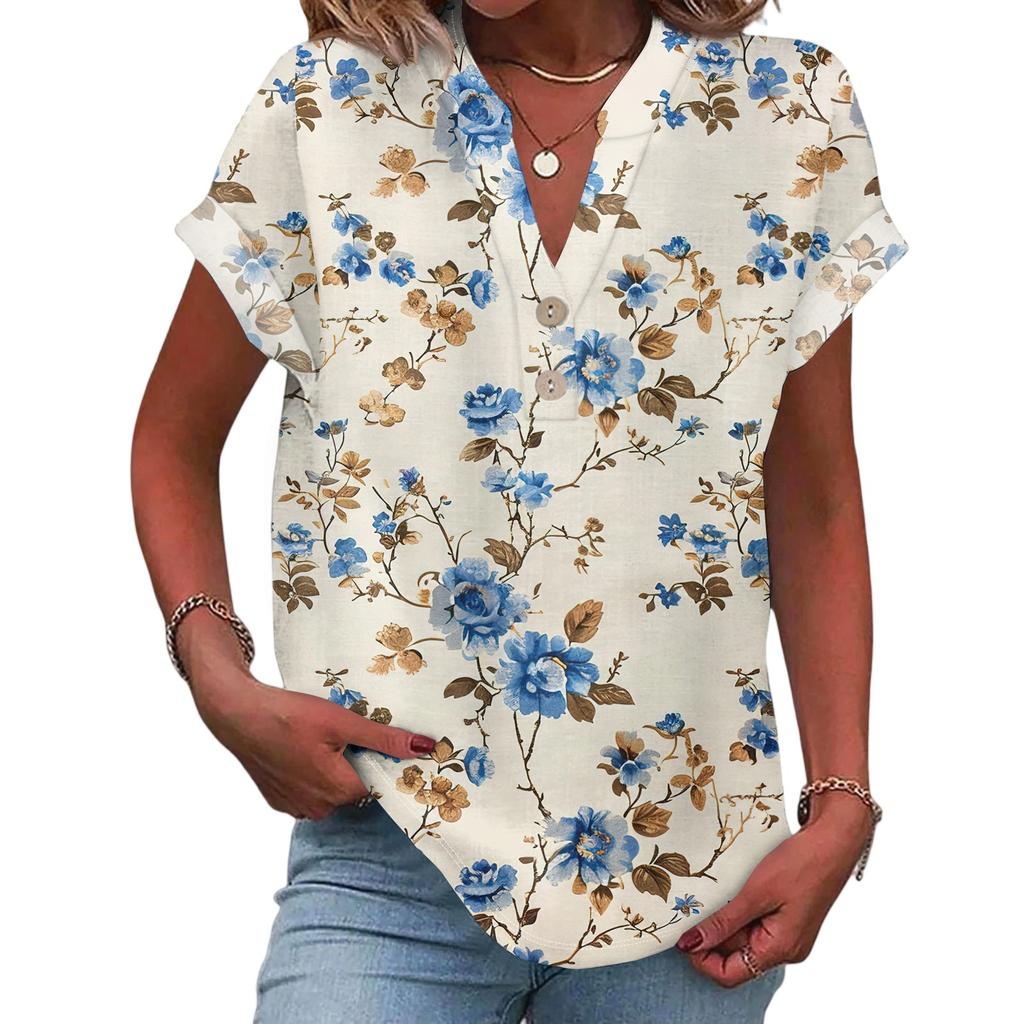 Damen Lässige Mode V-Ausschnitt Knopf Floraler Druck Kurzarm Top