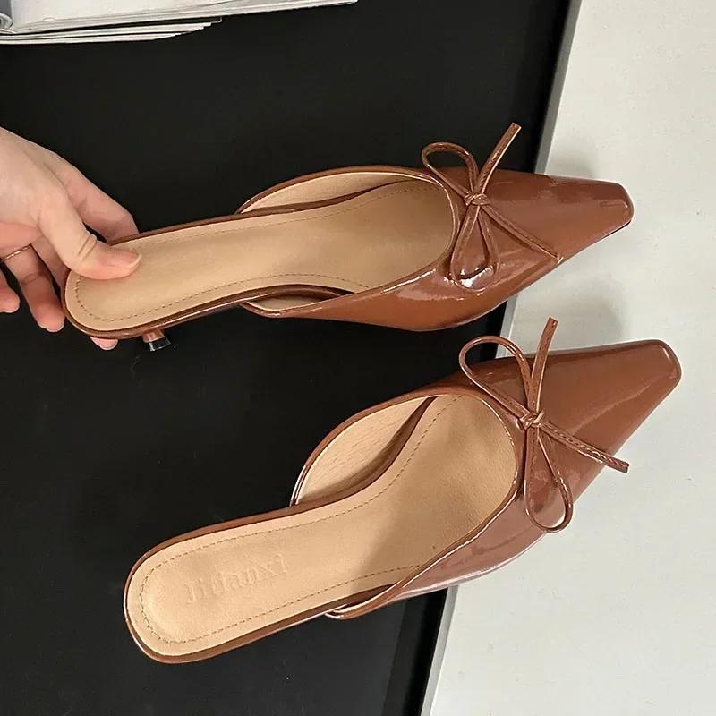 Fashion Butterfly-Knot Ladies Thin Heels Shoes Pointed Toe Pumps Slides Footwear Women Medium Heels Female Slippers Mules