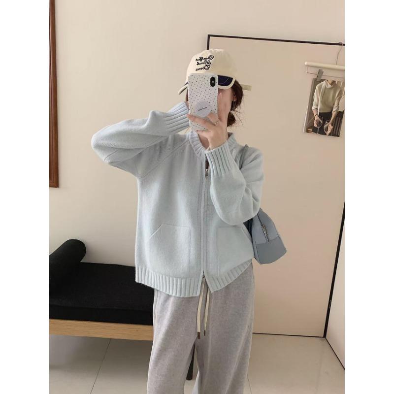 Autumn and winter new double pocket zipper knitted cardigan women's loose casual double head zipper knitted sweater jacket