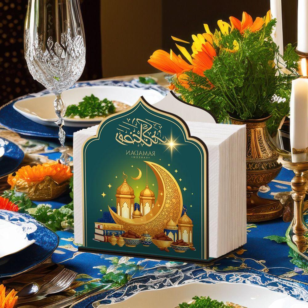 Wooden Eid Mubarak Tissue Box Decorative Large Capacity Tissue Storage Box Anti-slip Tissue Dispenser Eid Al Fitr Celebration