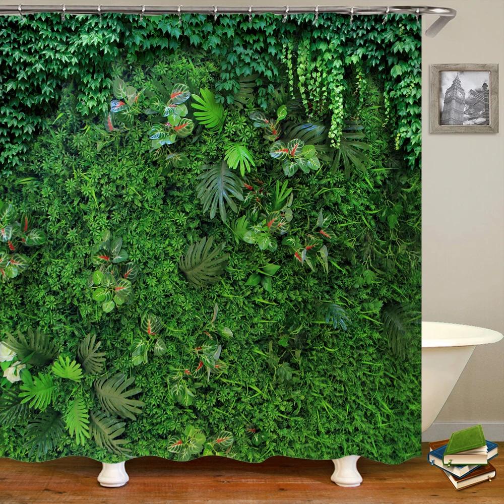 Variety of Various Green Plant Grass Lawn Leaf 3D Printing Shower Curtain Polyester Waterproof Home Decoration Curtain with Hook