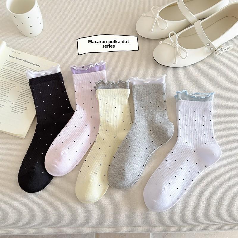 Sock - Spring/Summer Mesh Thin Style Mid-Calf Tube Socks in Colorful Lace with Cute Dots and Pure Cotton Layered Socks