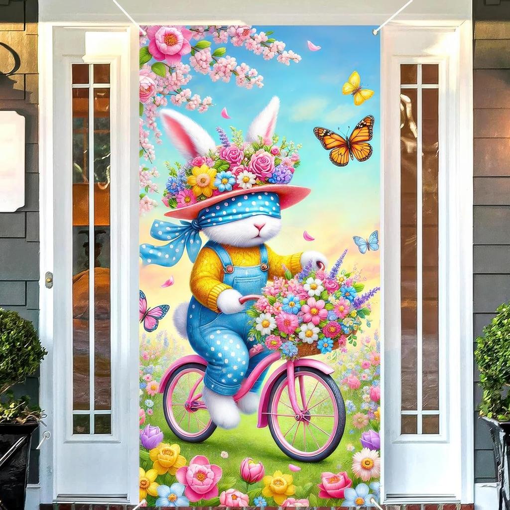 Spring Easter Door Cover 71x35 Inch Welcome Spring Door Banner Easter Bunny Door Decorative Colorful Flower Basket Rabbit Background for Spring