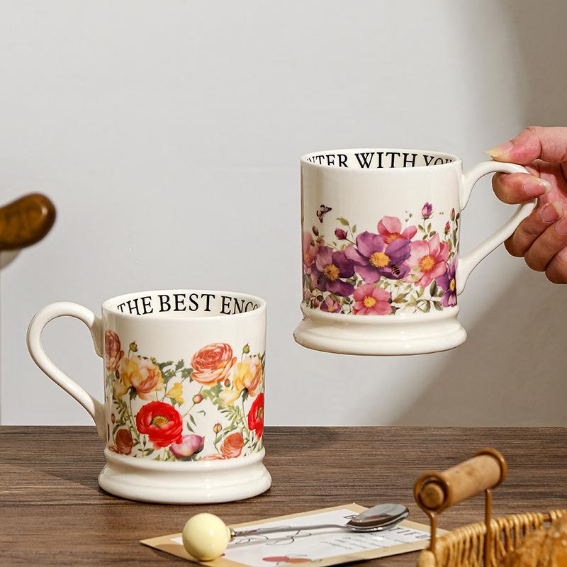 Taza Retro Original Hogar Cerámica Taza de Agua Oficina Gran Capacidad Creativa Taza de Pareja Floral Souvenir