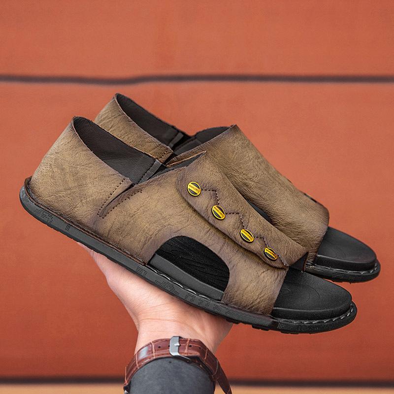 

2025 весна-лето мужские кожаные сандалии, модная дышащая мужская обувь на мягкой подошве для отдыха на открытом воздухе, обувь для ног 46 хаки