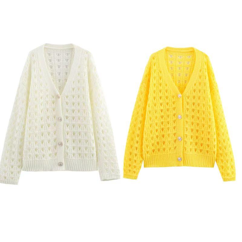 Zbzr Spring New Women clothes Western Style Yellow Hollow out Knit cardigan Niche Sweet Casual Sweater Outerwear