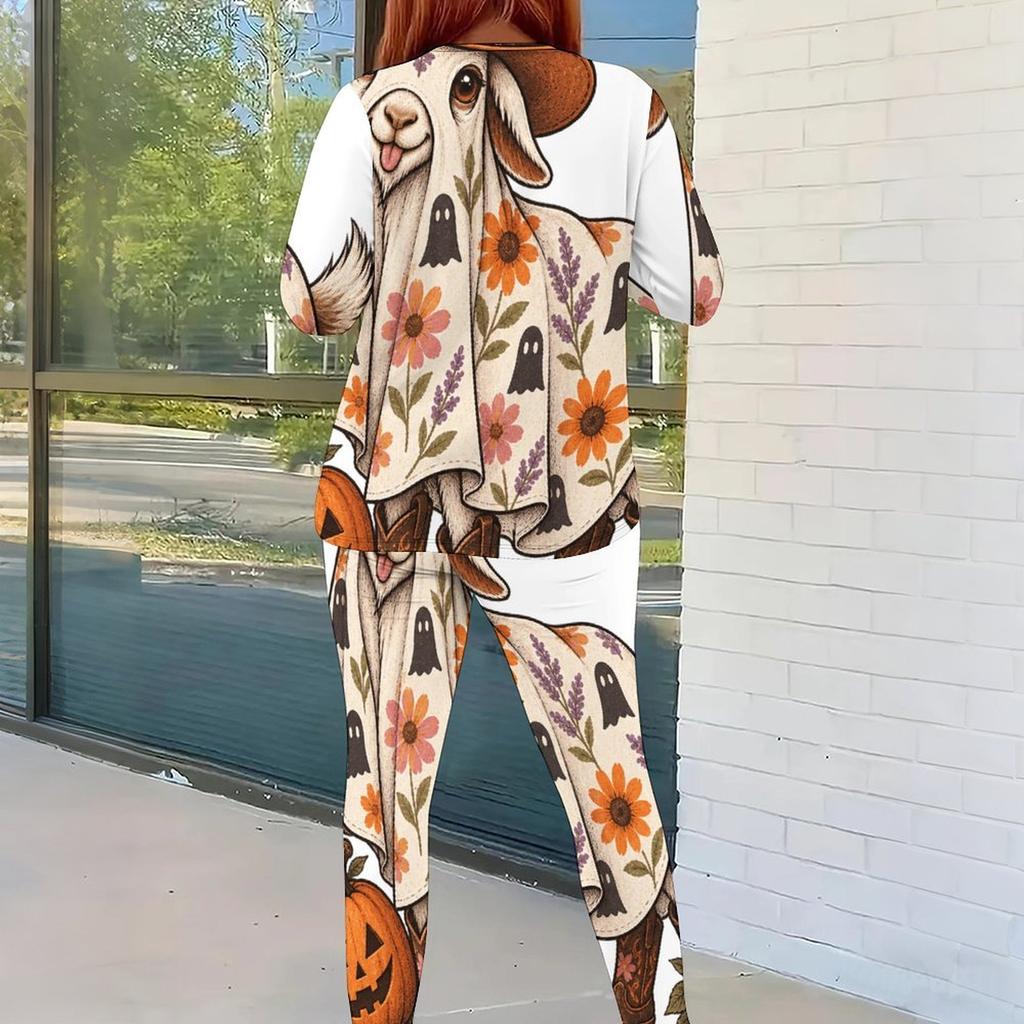 Women Plus Size Halloween Printed Two Piece Outfit Round Neck Long Sleeve Top Fitted Pants Set