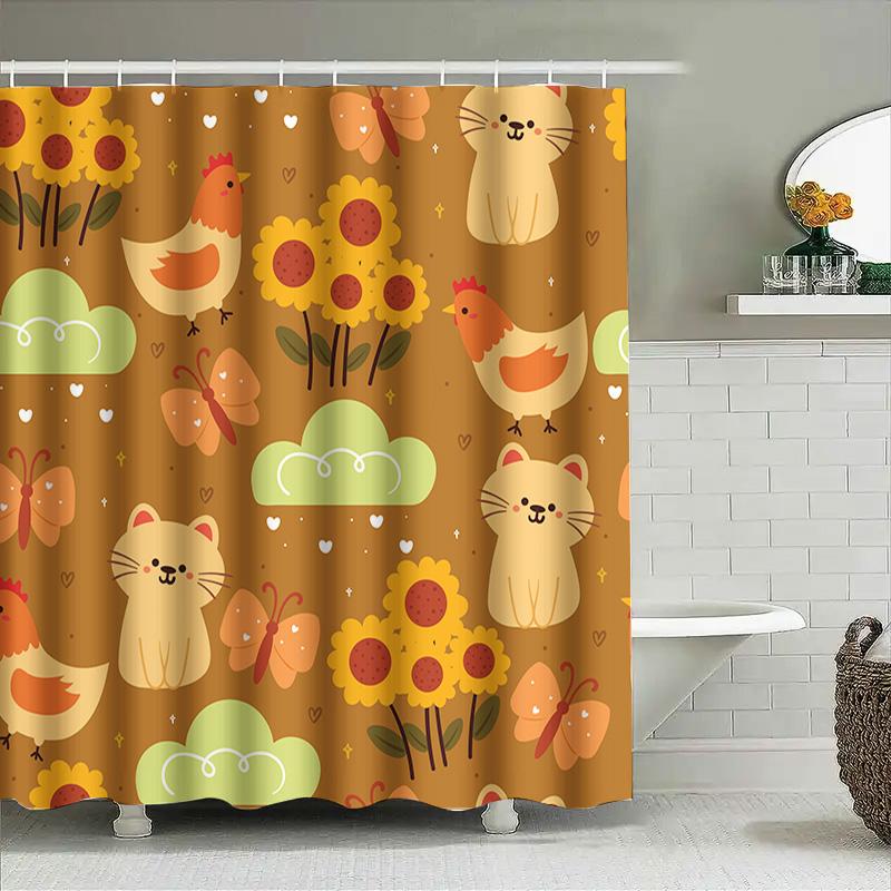 Cute Cartoon Animal Shower Curtain With Sunflower Print For Bathroom Decor Home Decoration Waterproof Fabric Shower Drapes Warm