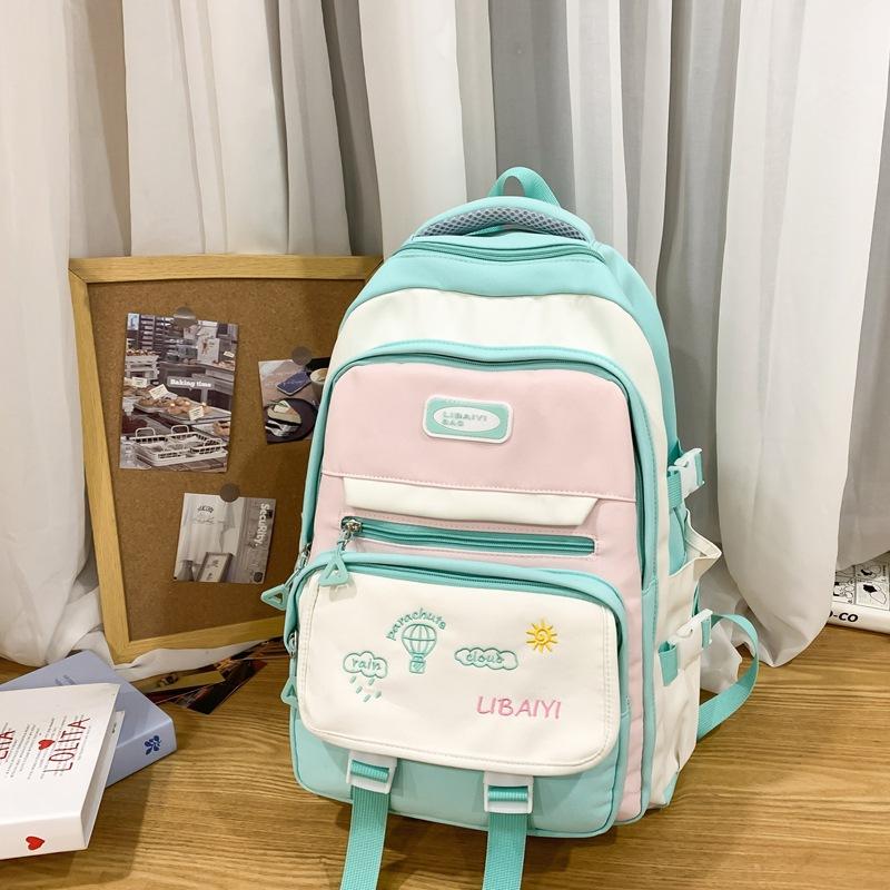 Contrasting Color Junior High School Students' Large Capacity Schoolbags  Female High School Students' Shoulder Bags  Balloon Badges and Backpacks