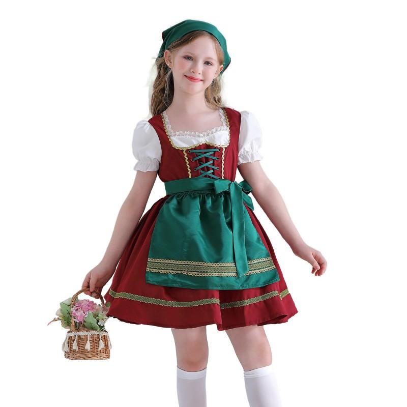 Bavarian Dirndl Dress Girls Oktoberfest Costume Farmhouse Lolita With Apron Headscarf