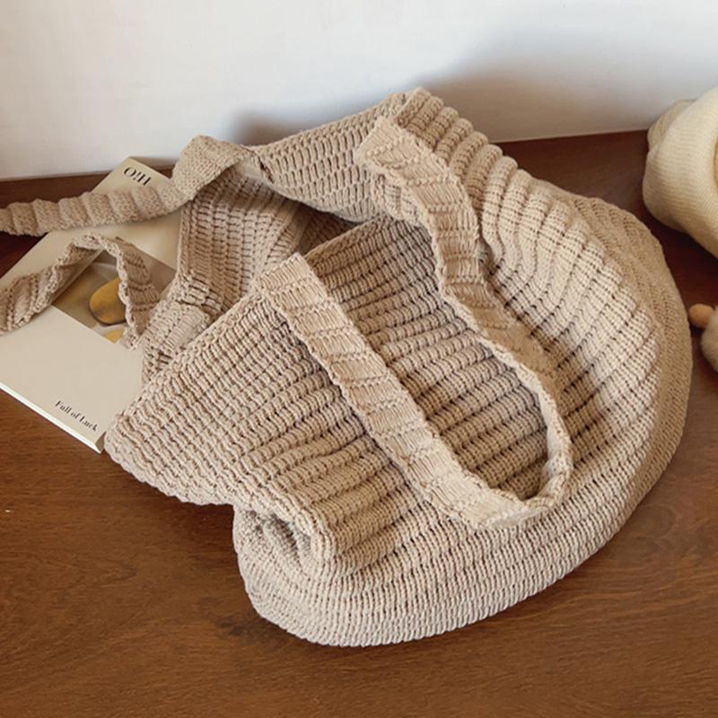 Large-capacity Brown Knitted Women's Shoulder Bag Vintage Handbag Vacation Crocheted Beach Bag Simple Shopping Bag