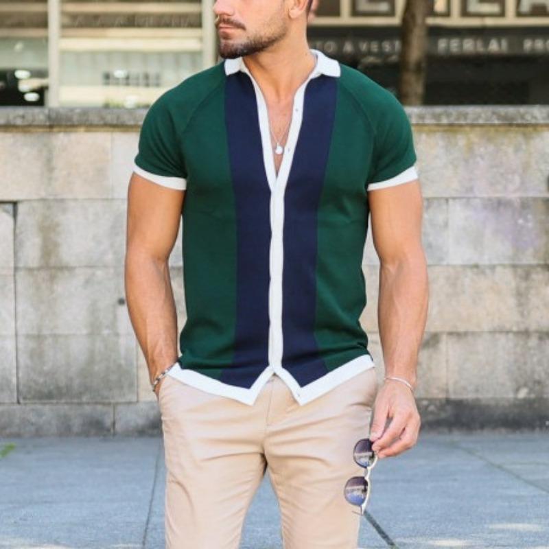 Men S Short Sleeve Striped Color Block Casual Polo Shirt Bk0005