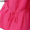 VONDA Women Casual V Neck Short Sleeve Ruffled Soild Color Blouse