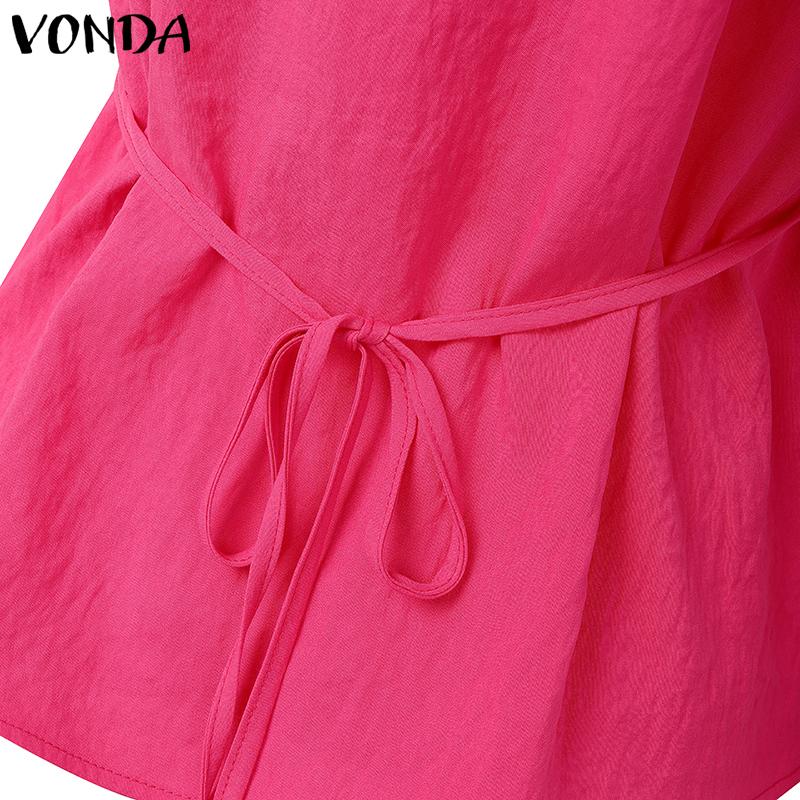 VONDA Women Casual V Neck Short Sleeve Ruffled Soild Color Blouse