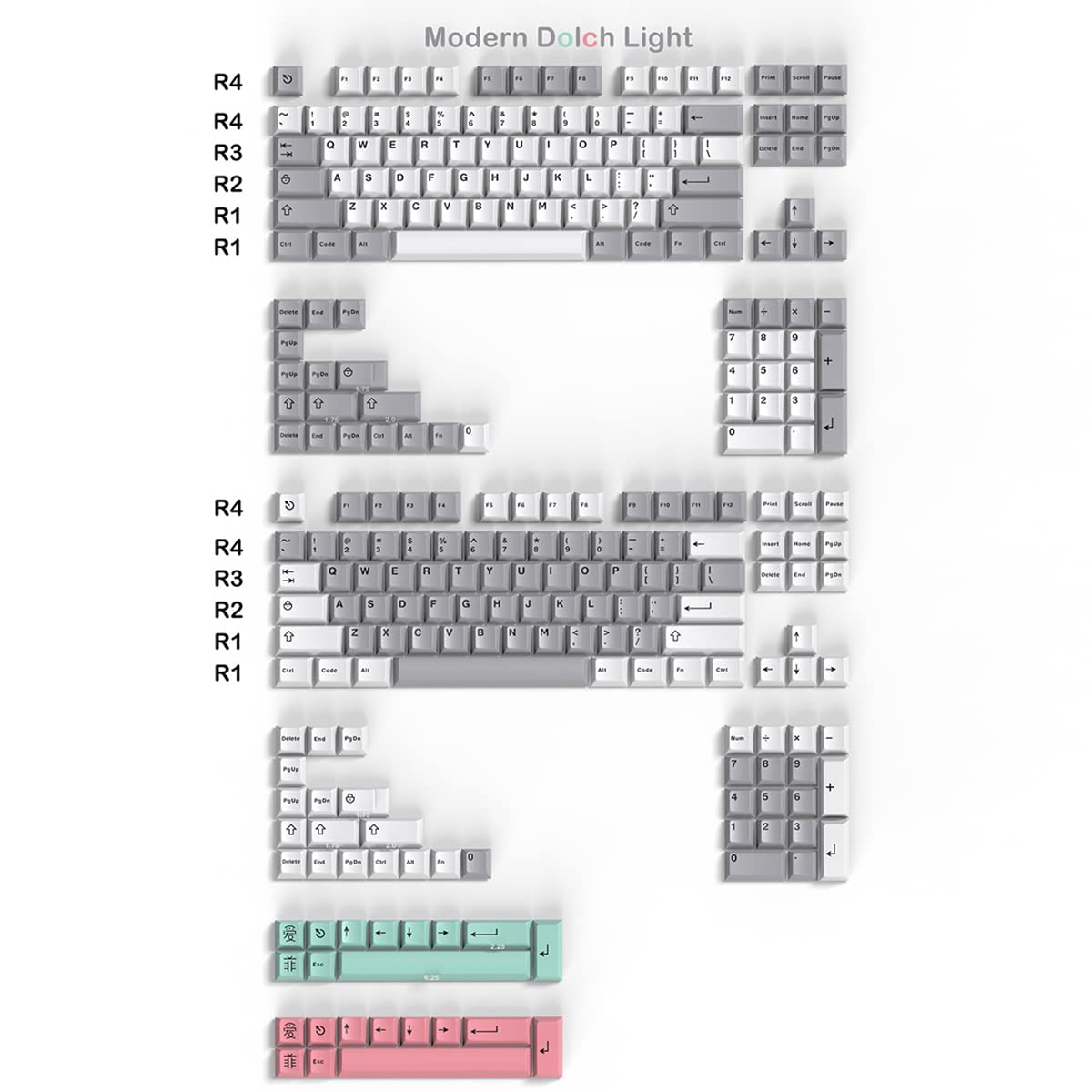 

264 Key Modern Dolch Lite Keycap Set Double Shot Cherry Profile White Grey Keycaps ISO ANSI for Cherry MX Gateron Kailh Switches Mechanical Gaming