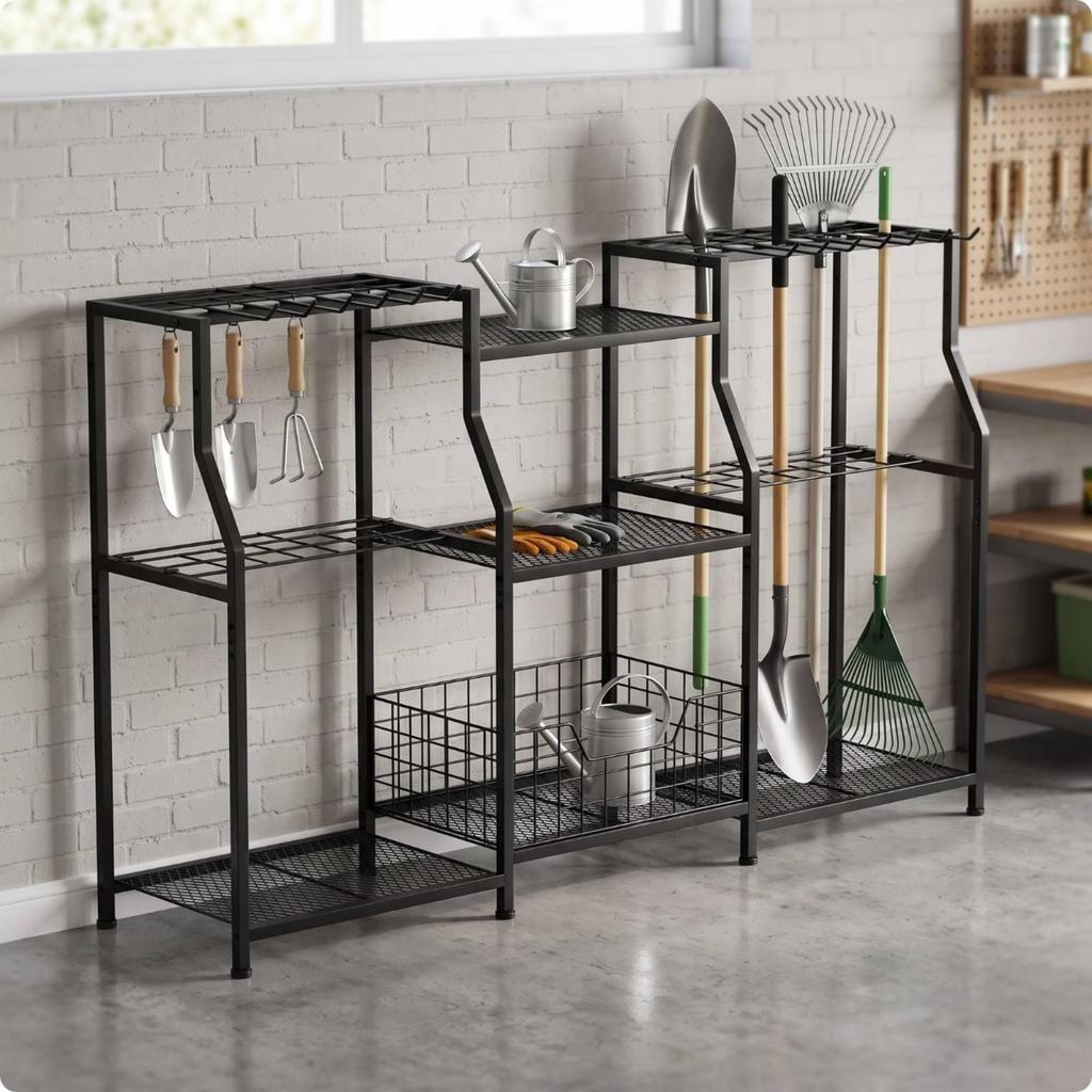 Garden Tool Organizer Heavy Duty Garage Storage Rack with Hooks Space-Saving