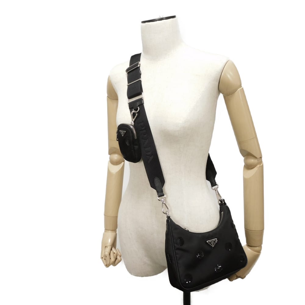 Used 11569 Re-Edition 2005 Re-Nylon Polka Dot Bag 1BH204 7921 Sequin Chain Triangle Logo Black Women's from Japan