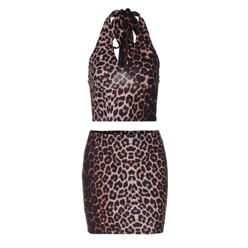 Women Sexy Leopard Print Halter Vest Bodycon Mini Skirt Two Piece Set