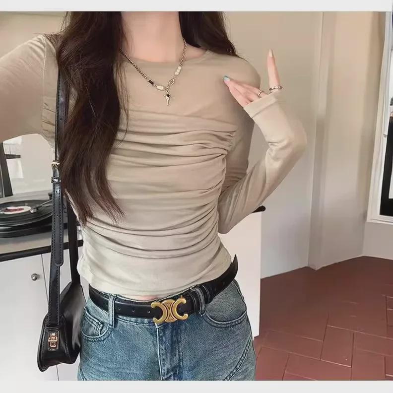 Damen Mesh Plissee Slim-Fit Langarm Oberteil, Frühling/Sommer Trendiges Design