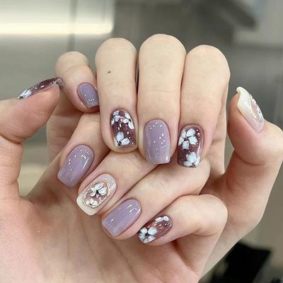 24 Pcs Lilac Romantic Mirror Roland White Gentle Temperament European Square Sweet Fake Nail Finished Wear Armor