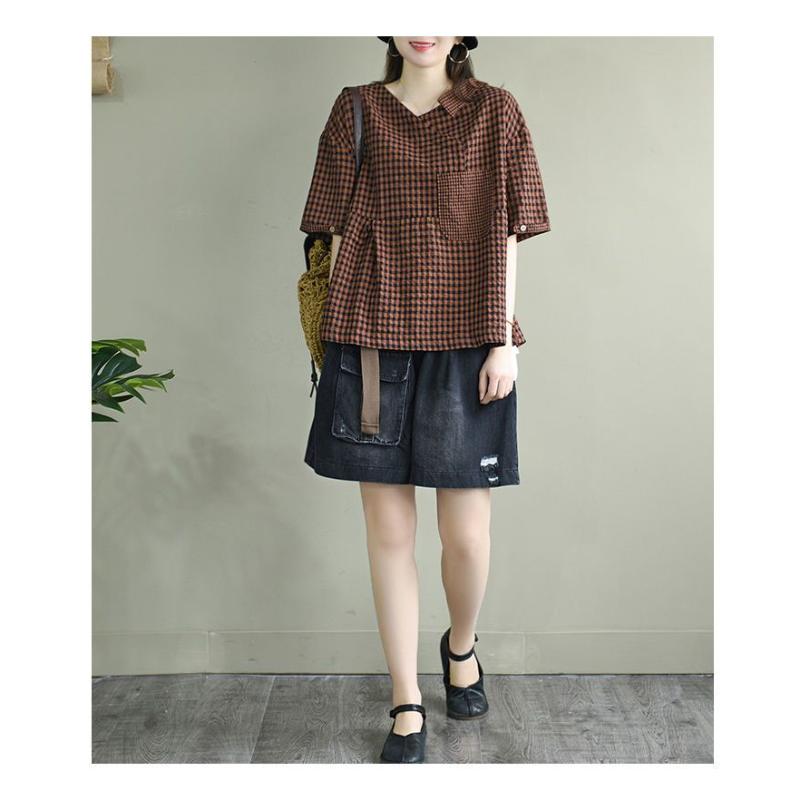 New Retro Loose Plaid Cotton Linen Shirt Top Slimming V-neck Short-sleeved T-shirt