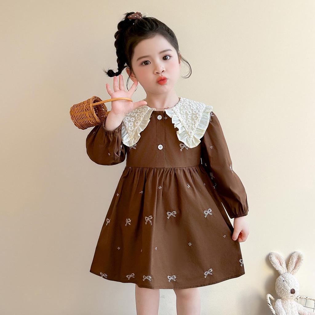 Spring Lace Collar Dress for Girls - Bow Embroidered Princess Skirt