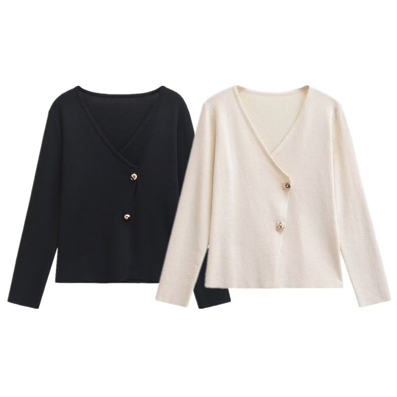 Fashion Style 2024 Fall and Winter New Female Versatile Asymmetric V Neck Long Sleeves Silm Knitting Outwear 4192124