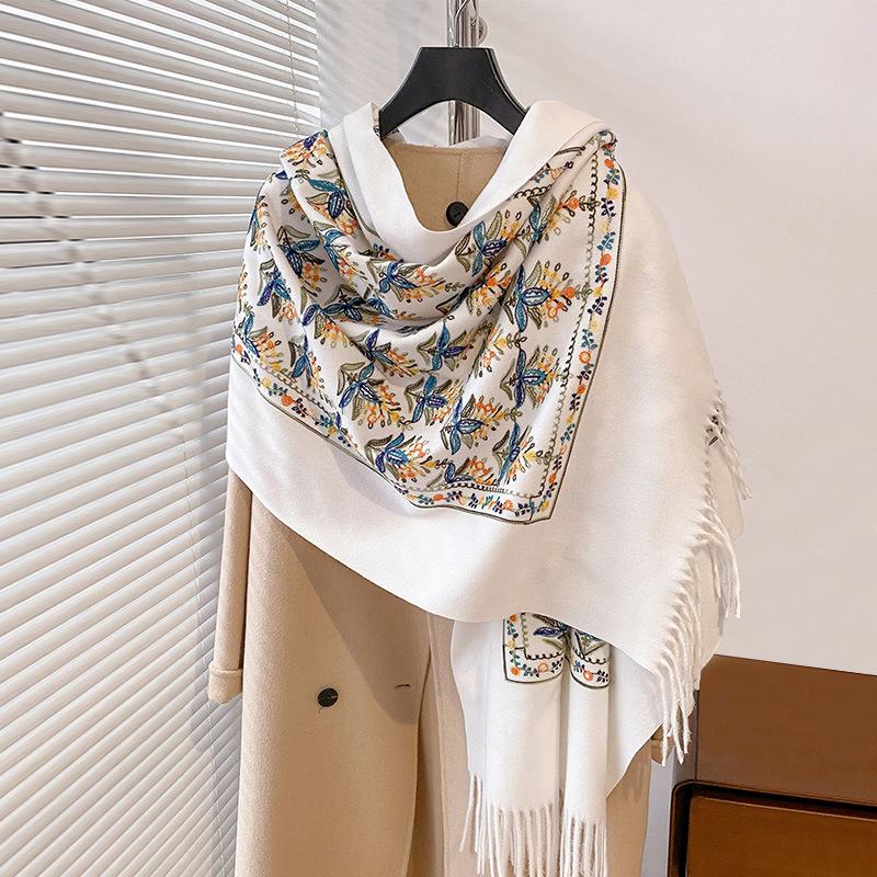 Winter Warm Cashmere Scarf for Women Floral Embroidery Pashmina Blanket Thick Shawl Wrap Neckerchief Elegant Poncho Bufanda
