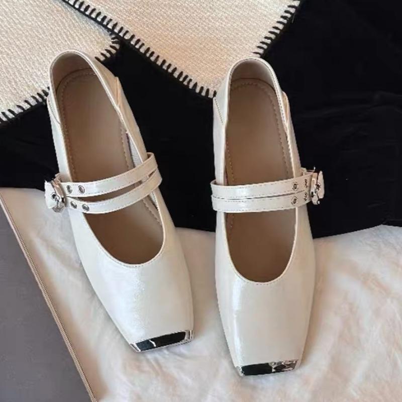 Fashion Spring New Single Shoes Women Fashion Metal Square Head Shallow Mouth Rivets Metal Buckle Soft Sole Non-slip Low Heel Shoes