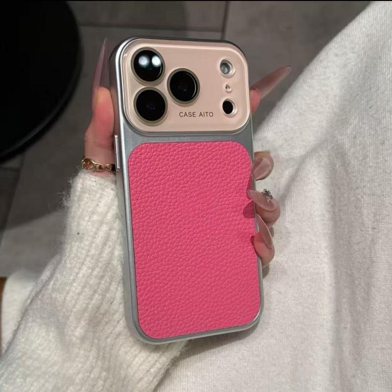 Leather Texture Drop-Proof Case for iPhone 14/15/16/17 Pro Max - Solid Color Design.