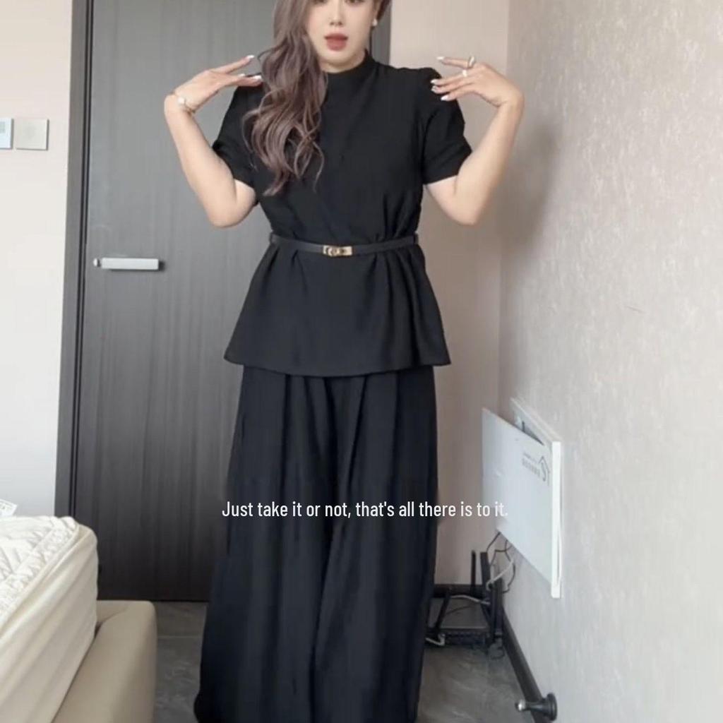 Plus Size Chic French Style Summer Suit: Short Sleeve Top & Wide-Leg Pants Set